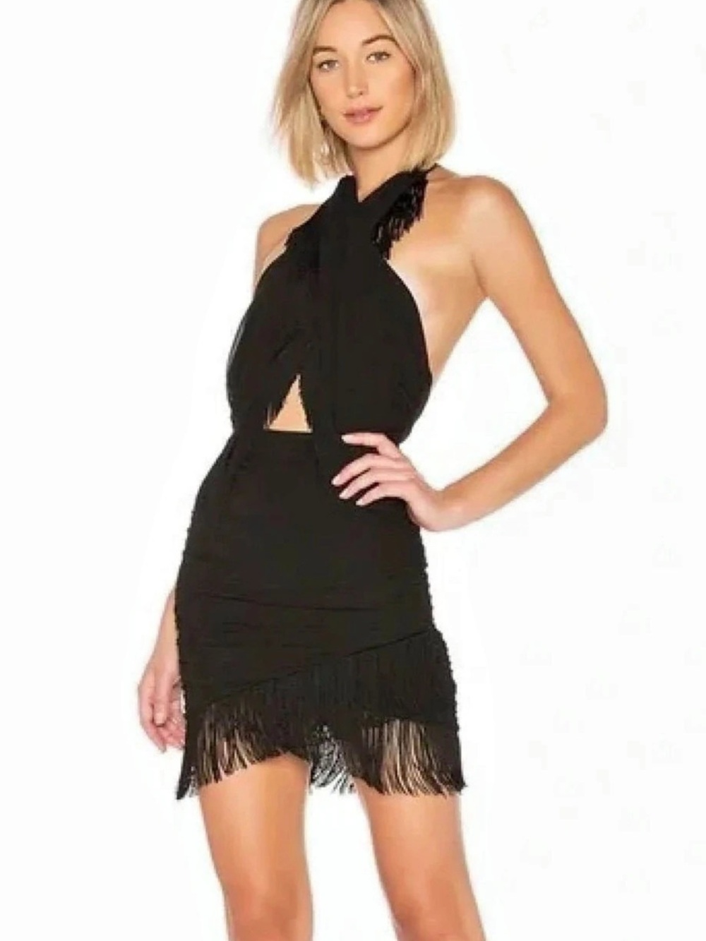NBD Black Fringe Mini Dress Size XXS Like New